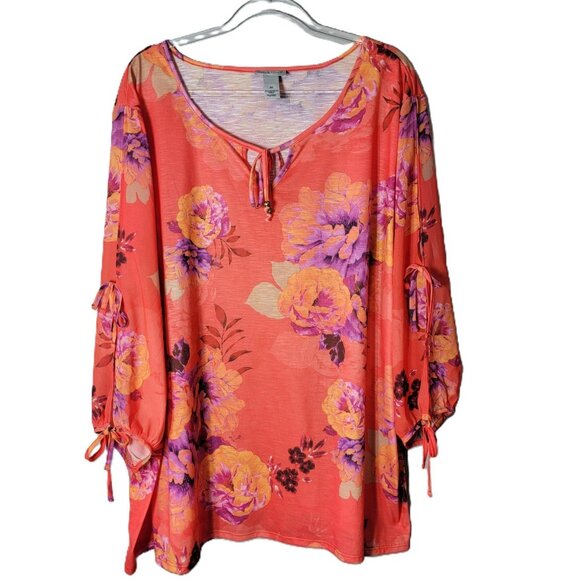 Catherines Floral Top Plus Size 4X Slit Tie Sleeve V-Neck Pullover Stretch - Picture 1 of 7